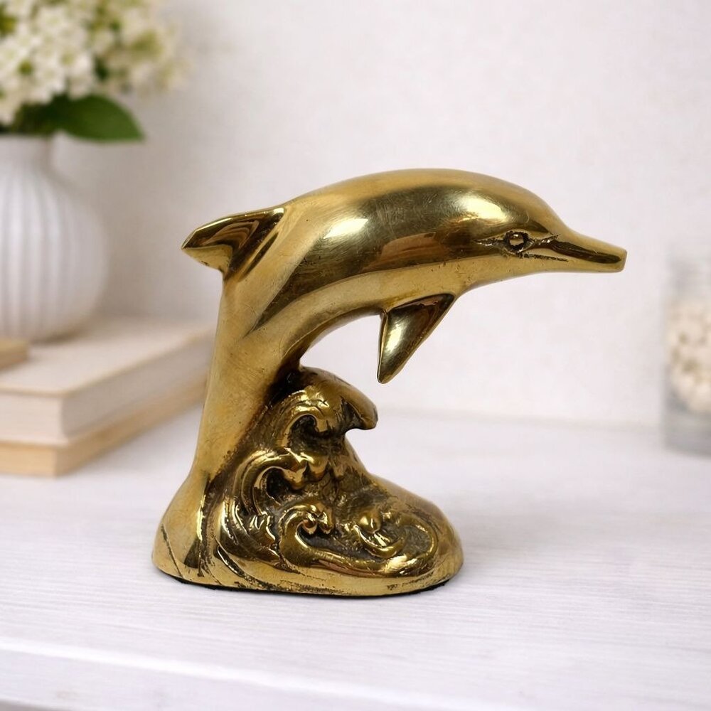 Vintage Brass Dolphin On Wave Coastal Decor Ocean Lover Gift